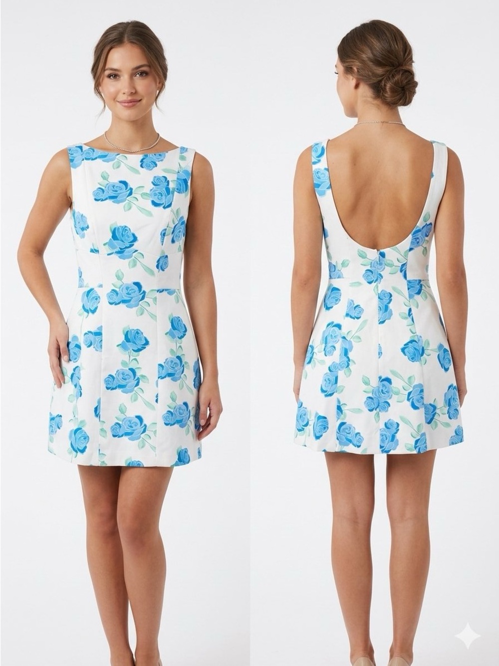 Saints & Secrets Blue Rose Floral Mini Dress White Sleeveless Scoop Back Medium